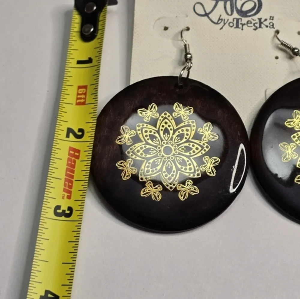 Treska Earrings Brown & Gold Flower Round Dangle Drop‎ Bohemian New